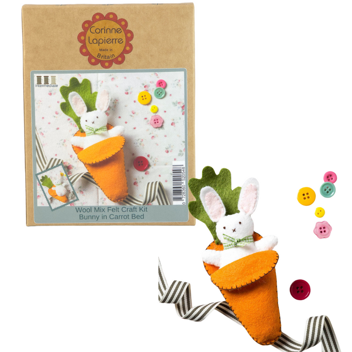 White Easter Rabbit & Carrot Bed | Mini Felt Sewing Kit | Corinne Lapierre