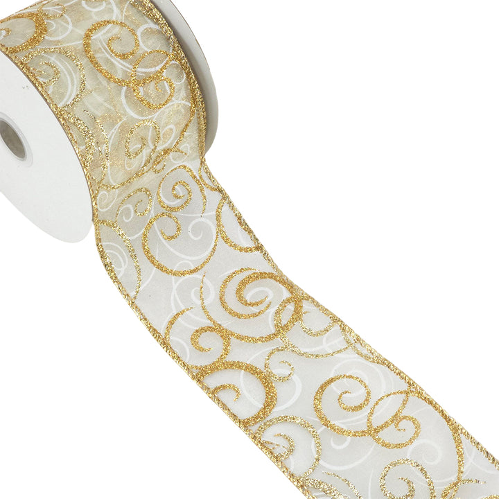 Silver/Gold Glitter Swirls | Wired Edge Organza Ribbon | 38/63mm Wide | 10m Reel