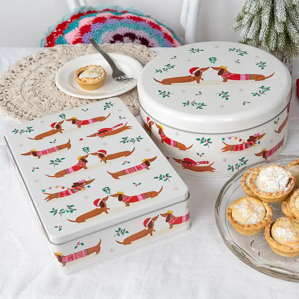 Sausage Dogs | Christmas Dachshund Cake Storage Tin | 24 x 10.5cm