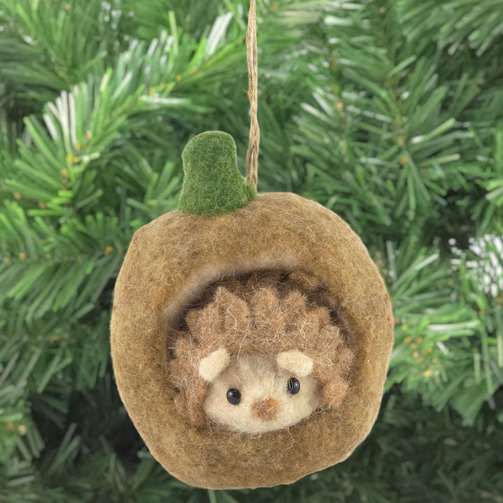 Felted Wool Hedgehog in a Pumpkin | Halloween Hanging Decoration | Gisela Graham