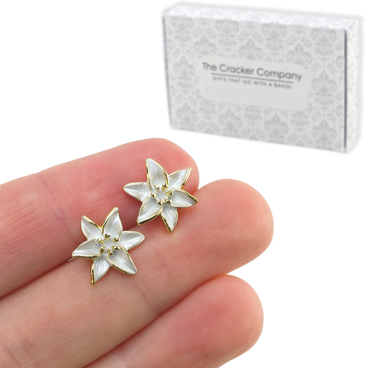 White Lily Flower | Gold Plated Stud Earrings | Little Gift | Cracker Filler