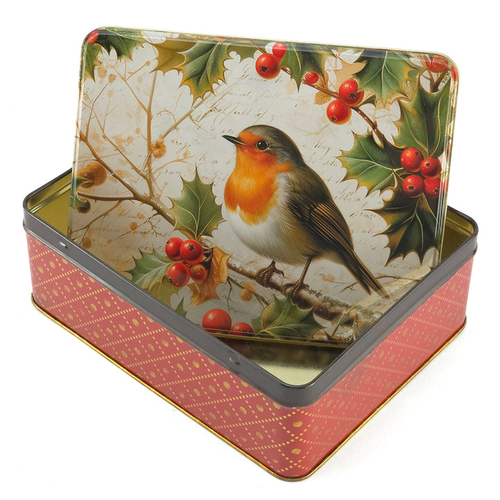 Traditional Christmas Robin | Deep Rectangular Tin | 19.5x15.5x7cm