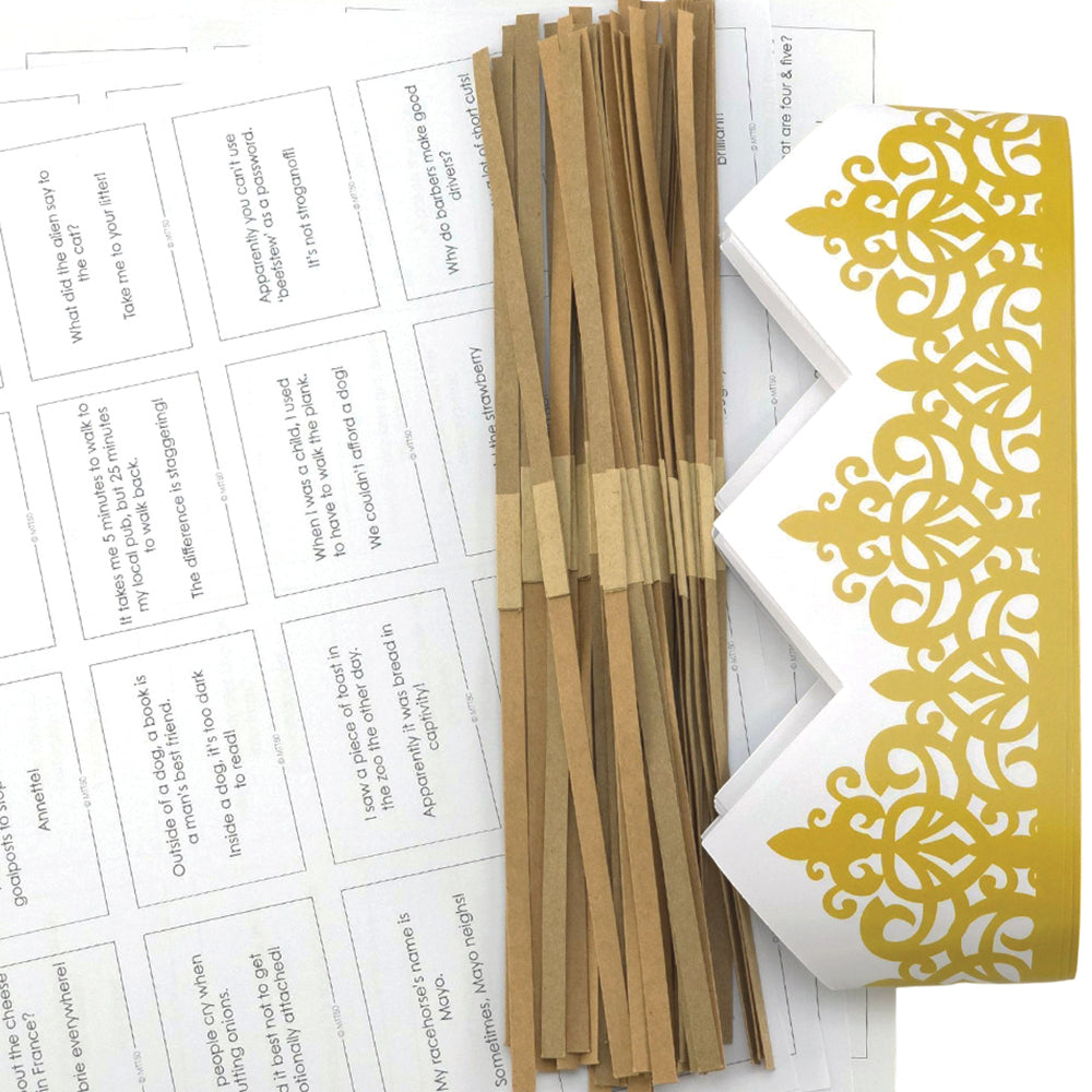 Gold Adjustable Paper Hats, Jokes and Cracker Snaps | DIY Cracker Accessory Pack