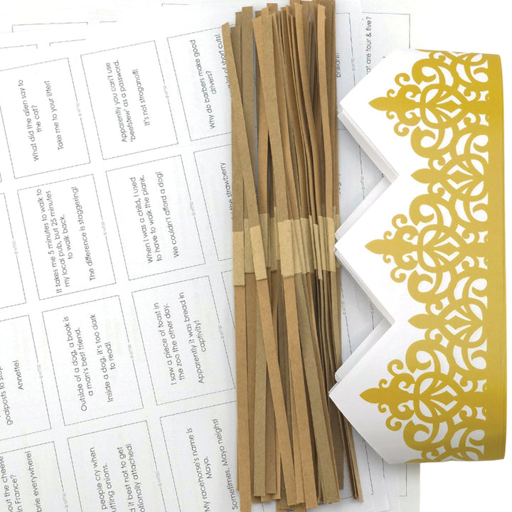 Gold Adjustable Paper Hats, Jokes and Cracker Snaps | DIY Cracker Accessory Pack