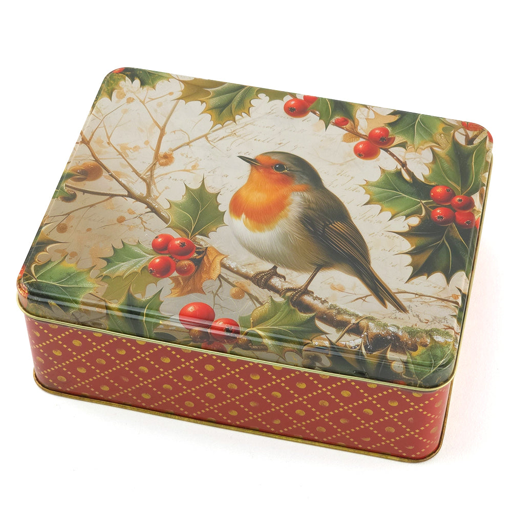 Traditional Christmas Robin | Deep Rectangular Tin | 19.5x15.5x7cm