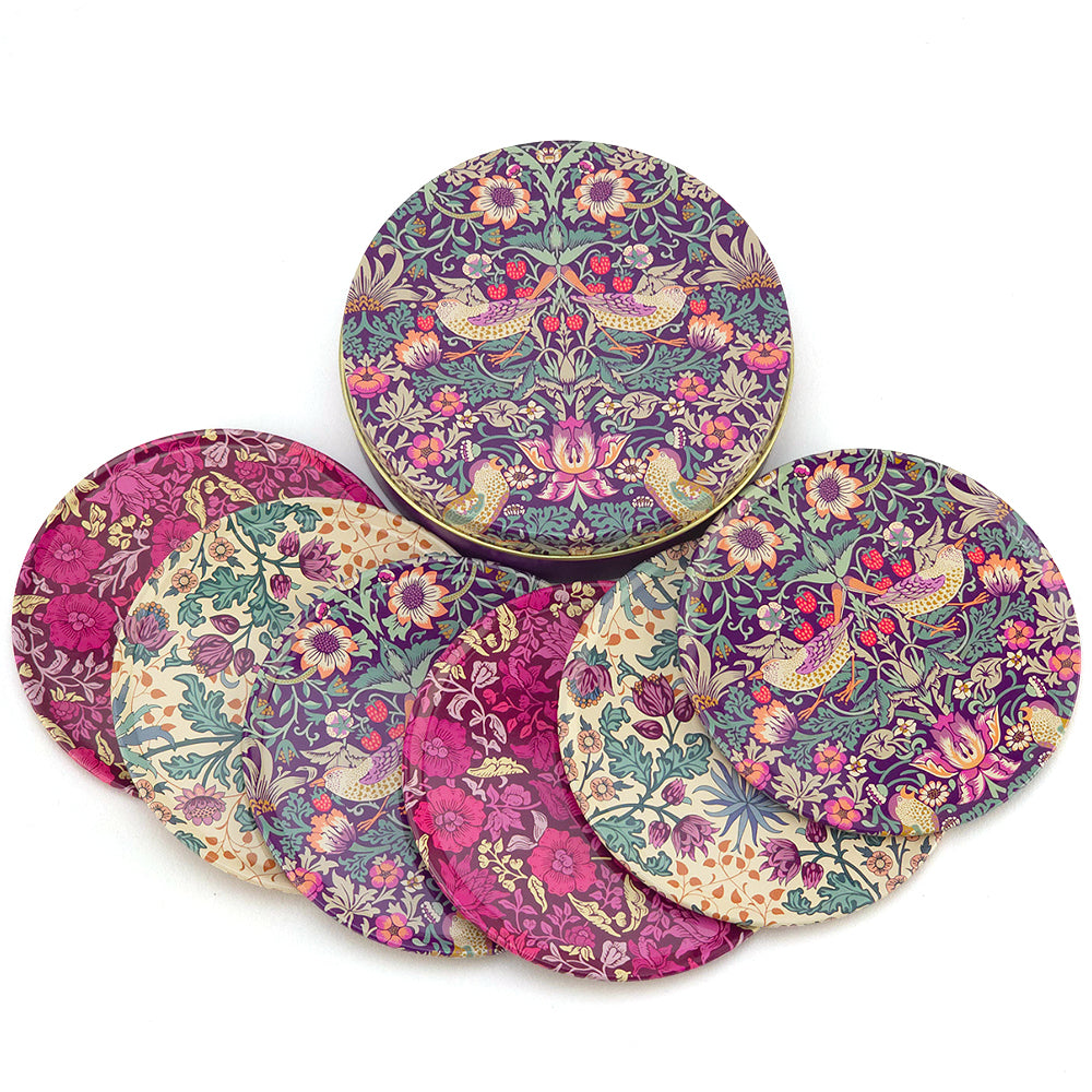 Set of 6 William Morris Record Coasters in Storage Tin | Vintage Gift Idea