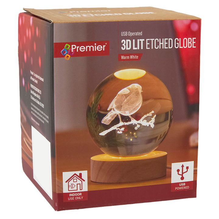 Christmas Robin | Solid Light Up Glass Ball | 8cm &amp; Stand | Home Décor Gift