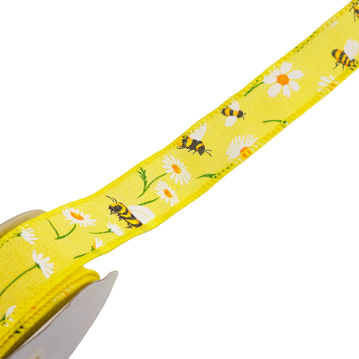 Bees & Daisies | Wired Edge Hessian Style Ribbon | 25/38/63mm Wide | 10m Reel