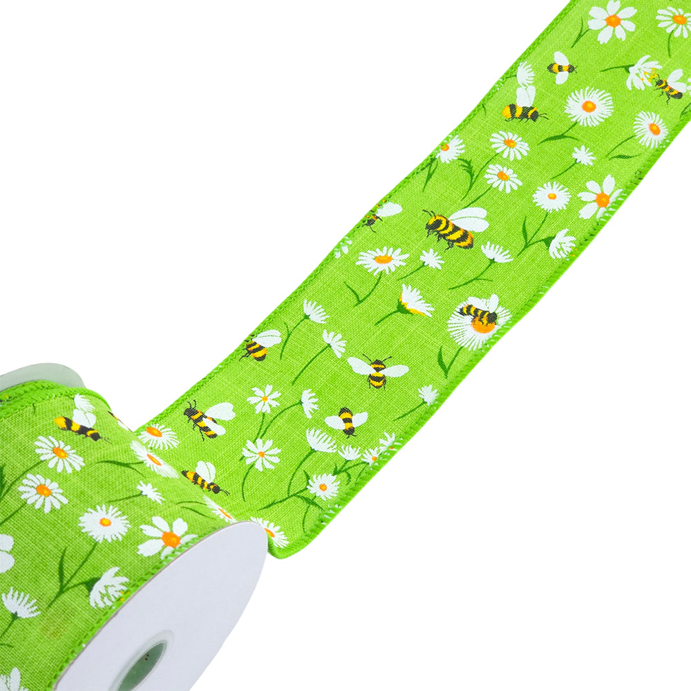 Bees & Daisies | Wired Edge Hessian Style Ribbon | 25/38/63mm Wide | 10m Reel