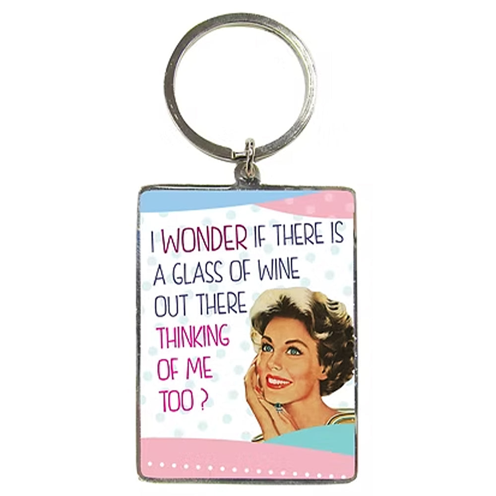 Is There a Glass of Wine Thinking of Me? | Ladies Retro Keyring | Cracker Filler