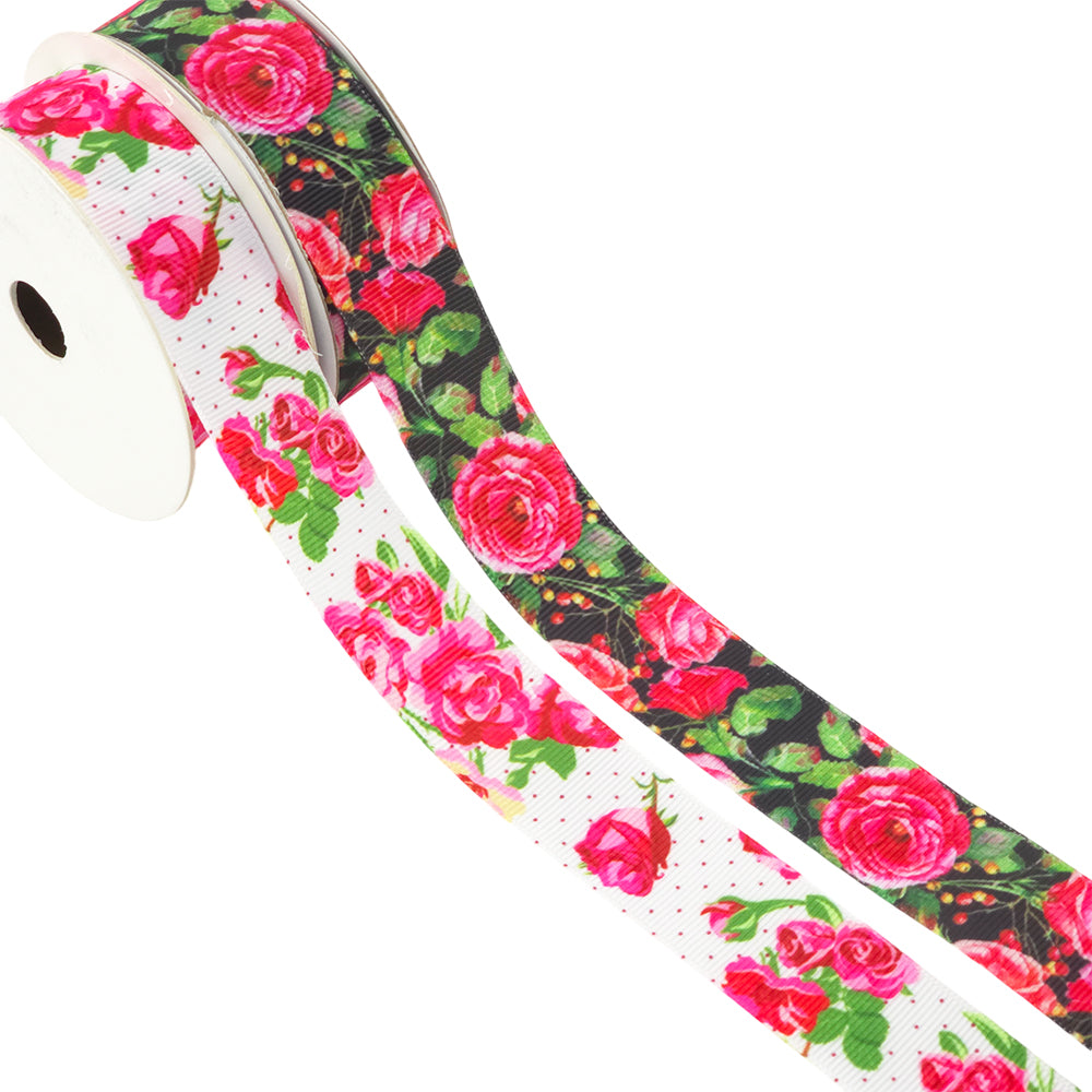 Rose Bouquet | Black or White Background | 25mm Grosgrain Ribbon | 10m Reel