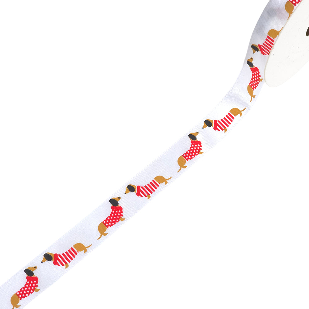 Christmas Dachshund | 15mm White & Red Satin Ribbon | 10m Reel