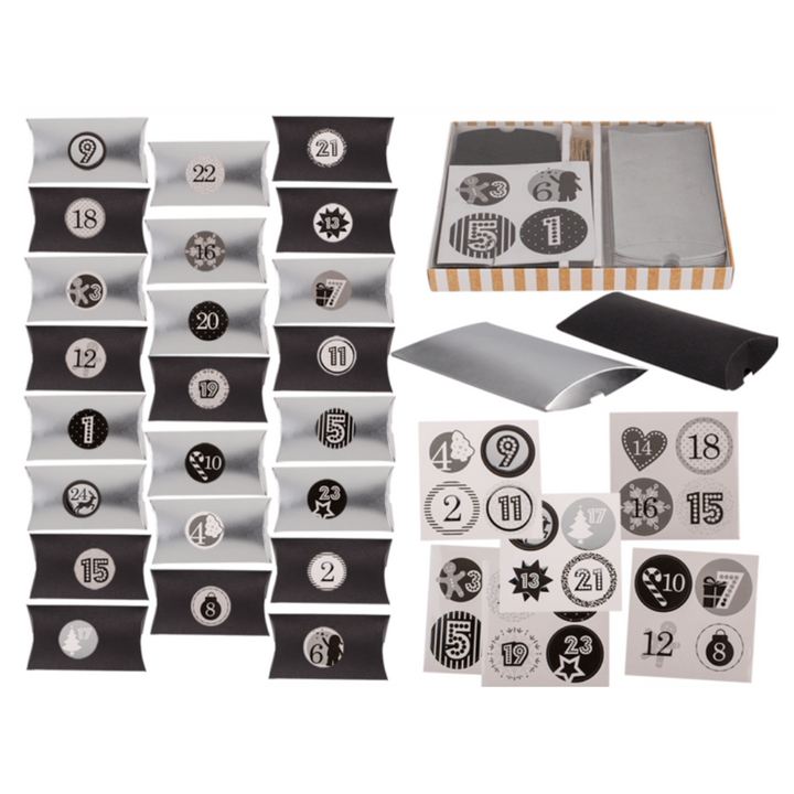 Black & Silver | Advent Calendar Set | Pillowboxes, Ribbon & Stickers