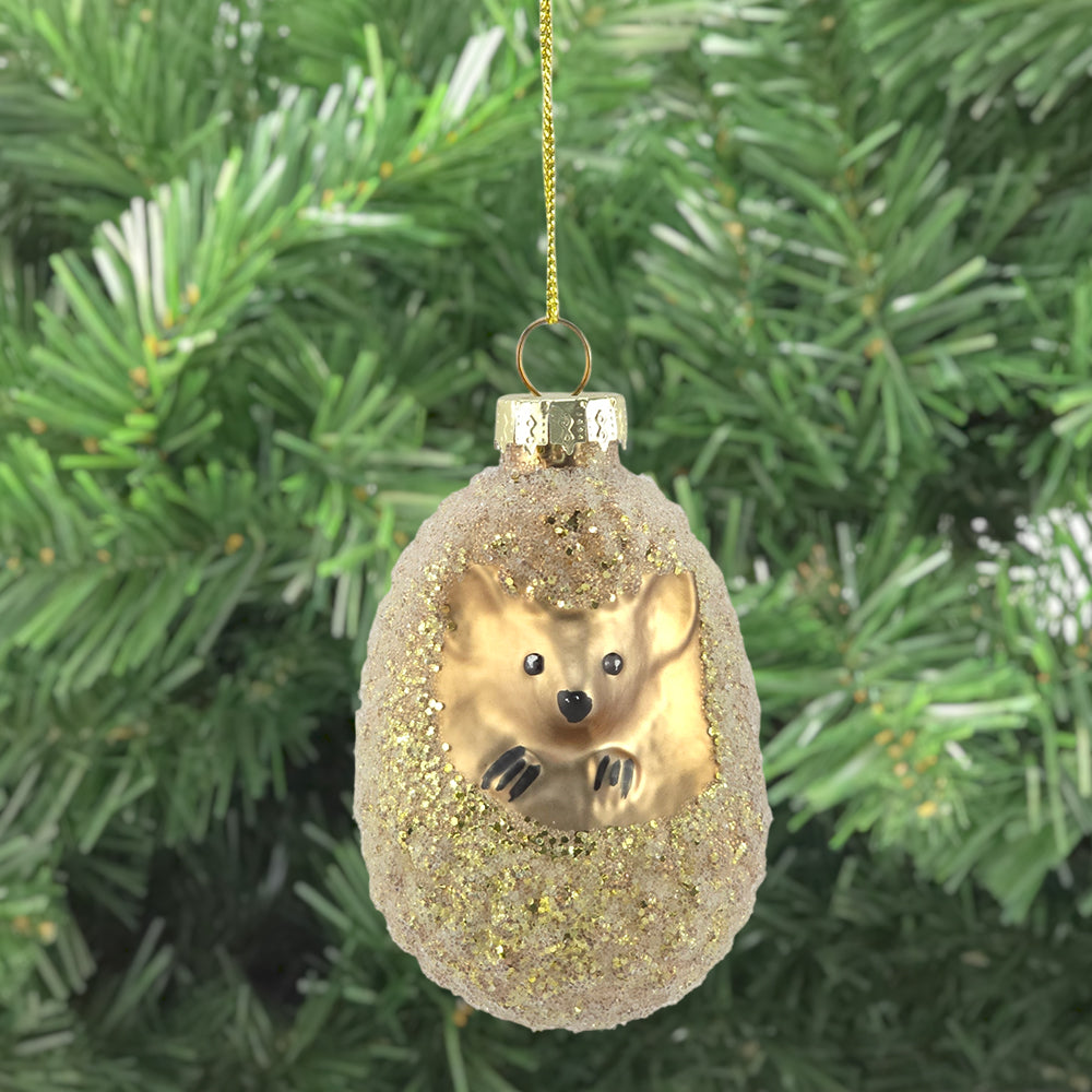 Hedgehog Glass Decoration | Glittered Christmas Tree Ornament | 8.5cm