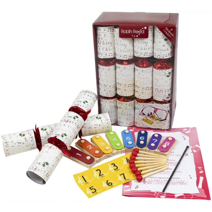 8 Handmade Christmas Crackers with Chime Bars | Musical Notes Pattern